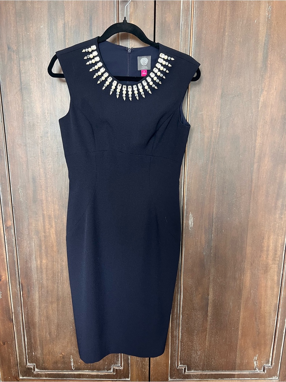 Embellished Navy Sheath Dress by Vince Camino